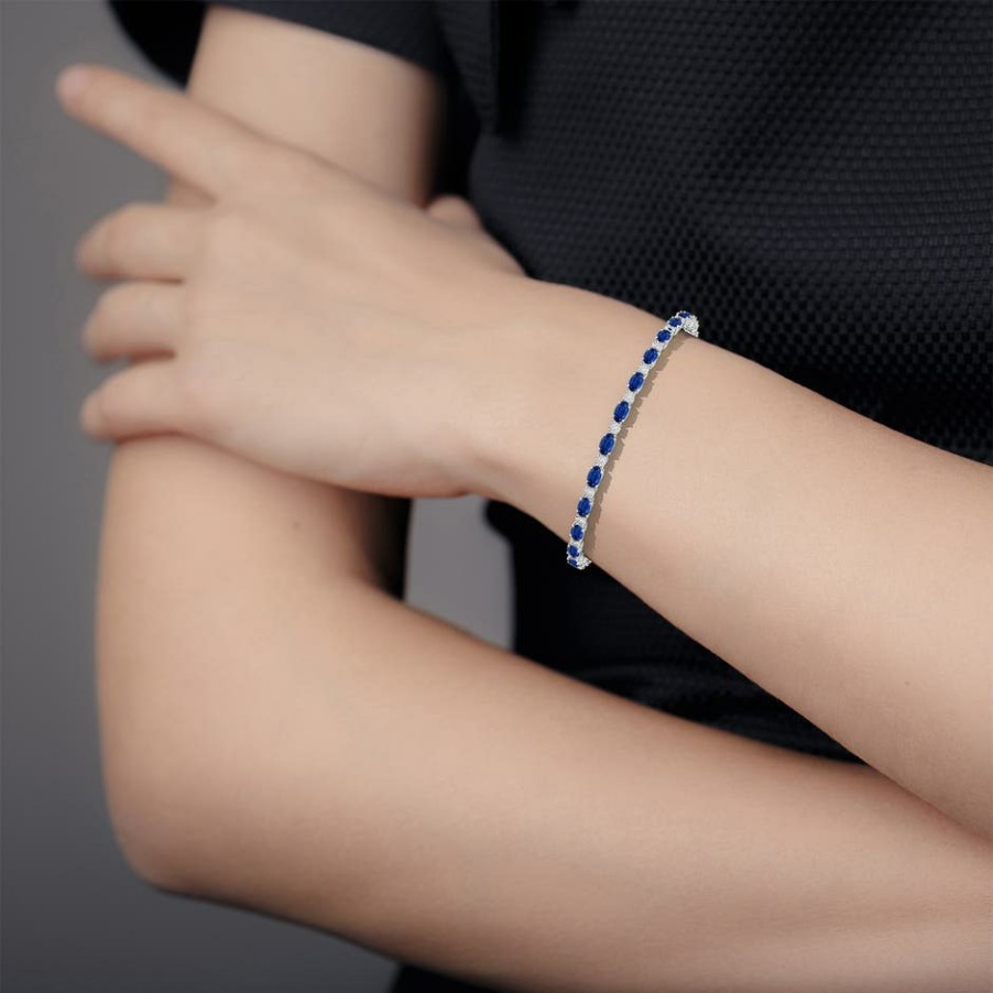 Bracelets Angara Blue Sapphire | Oval Sapphire Tennis Bracelet With Gypsy Diamonds