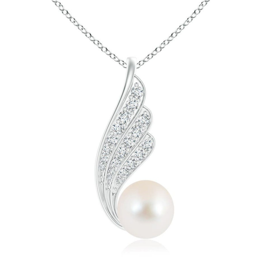 Necklaces Angara Freshwater Pearl | Freshwater Pearl Angel Wing Pendant With Diamonds