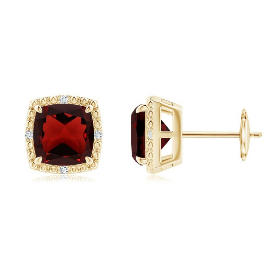 Earrings Angara Garnet | Claw-Set Cushion Garnet Beaded Halo Stud Earrings