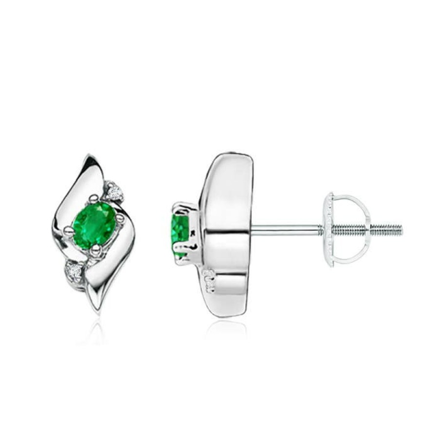 Earrings Angara Emerald | Oval Emerald And Diamond Shell Stud Earrings