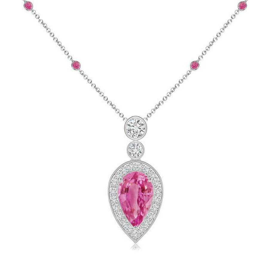 Necklaces Angara Pink Sapphire | Inverted Pear Pink Sapphire Necklace With Diamonds