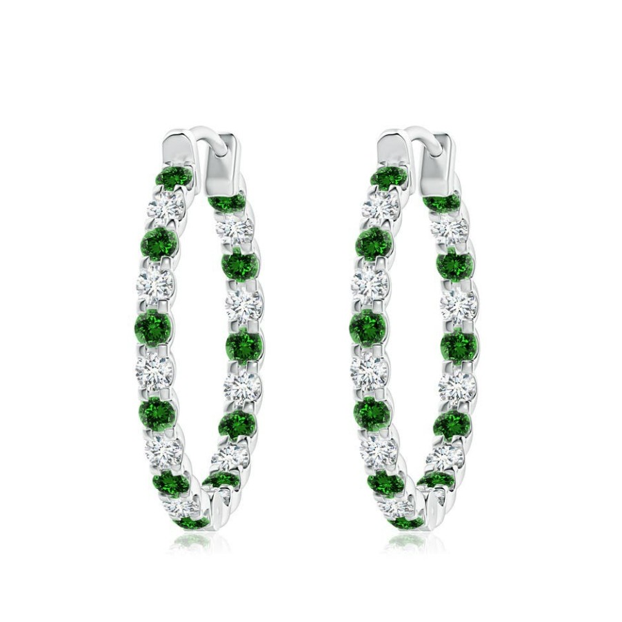 Earrings Angara Emerald | Lab-Grown Prong-Set Emerald And Lab Diamond Inside Out Hoop Earrings