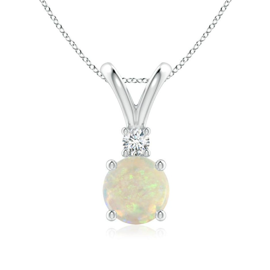 Necklaces Angara Opal | Round Opal Solitaire V-Bale Pendant With Diamond