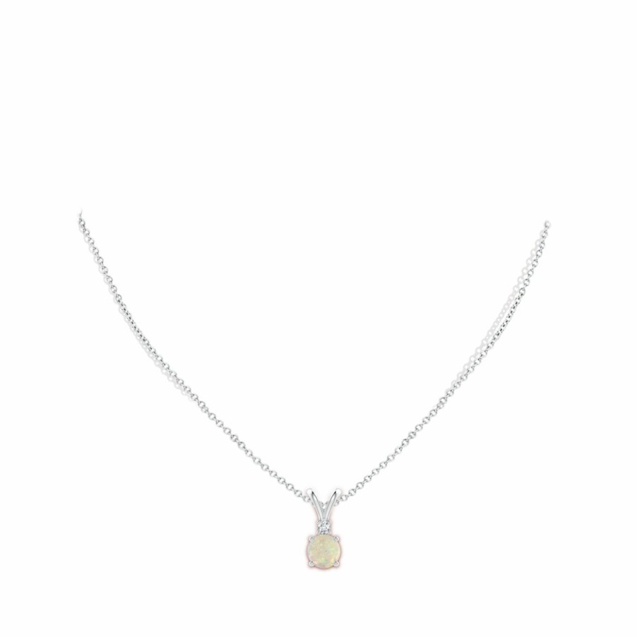 Necklaces Angara Opal | Round Opal Solitaire V-Bale Pendant With Diamond