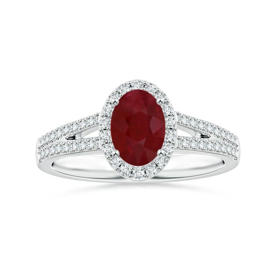 Rings Angara Ruby | Gia Certified Oval Ruby Halo Ring With Diamond Split Shank