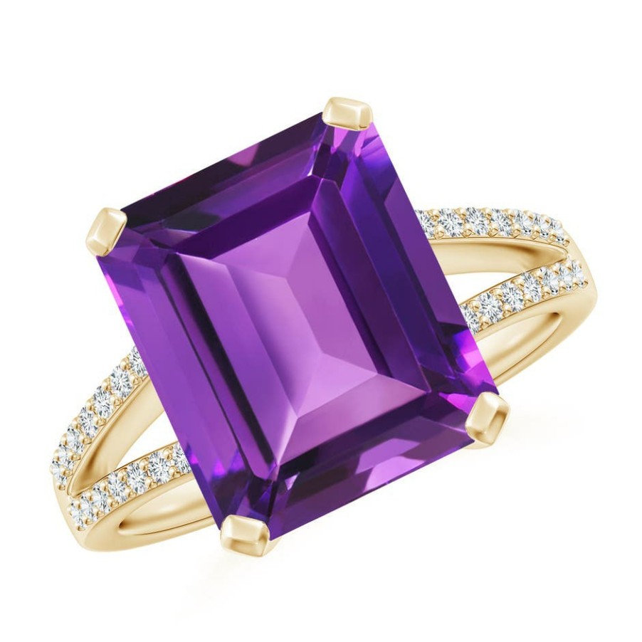 Rings Angara Amethyst | Emerald-Cut Amethyst Split Shank Cocktail Ring With Diamonds