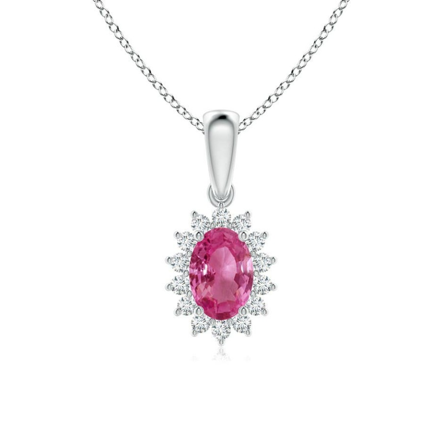 Necklaces Angara Pink Sapphire | Oval Pink Sapphire Pendant With Floral Diamond Halo