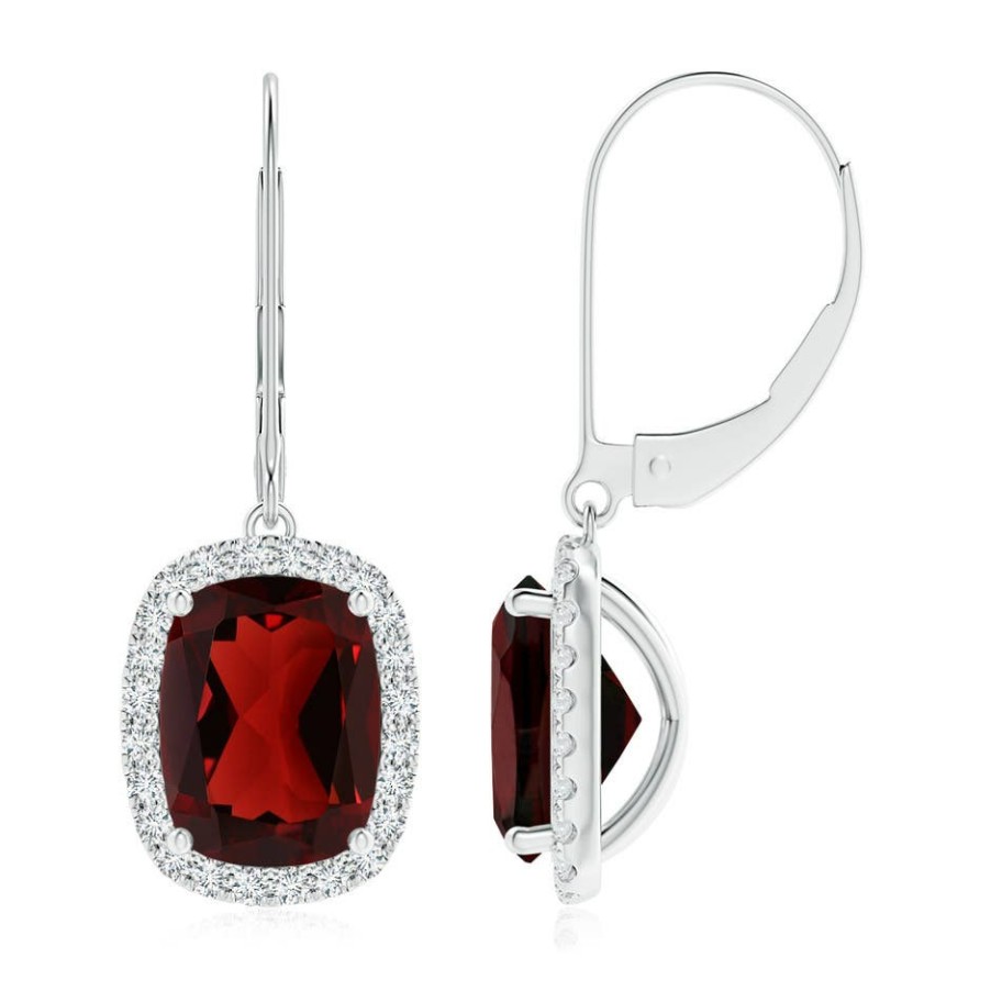 Earrings Angara Garnet | Cushion Garnet Leverback Earrings With Diamond Halo