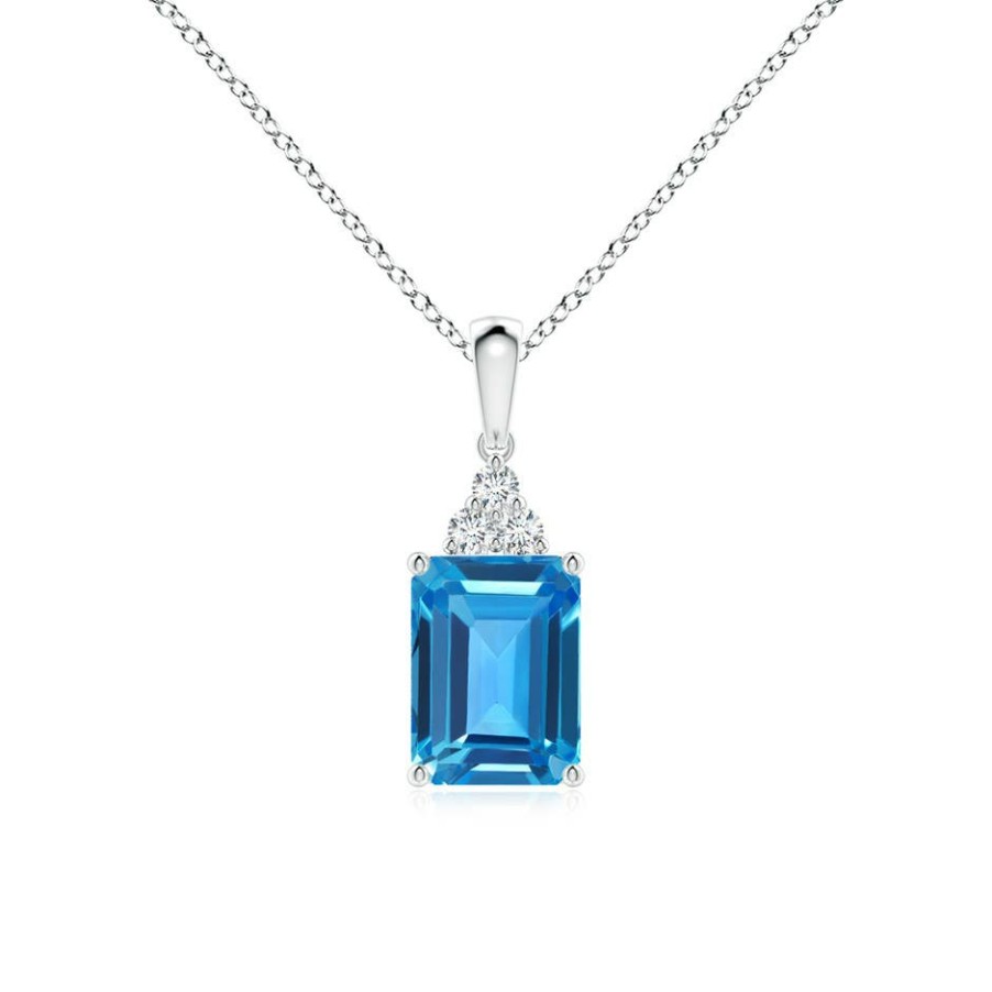 Necklaces Angara Swiss Blue Topaz | Emerald-Cut Swiss Blue Topaz Pendant With Diamond Trio