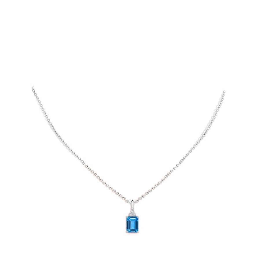 Necklaces Angara Swiss Blue Topaz | Emerald-Cut Swiss Blue Topaz Pendant With Diamond Trio