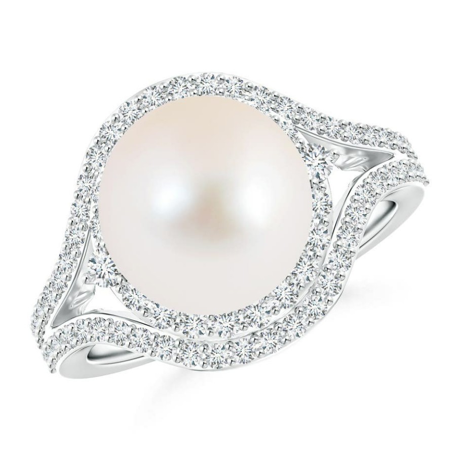 Rings Angara Freshwater Pearl | Freshwater Pearl Split Shank Ring With Double Halo