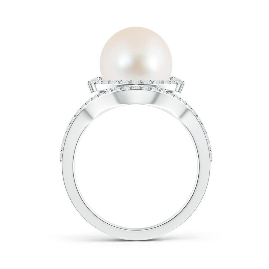 Rings Angara Freshwater Pearl | Freshwater Pearl Split Shank Ring With Double Halo