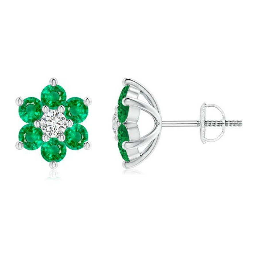 Earrings Angara Emerald | Six Petal Diamond And Emerald Flower Stud Earrings