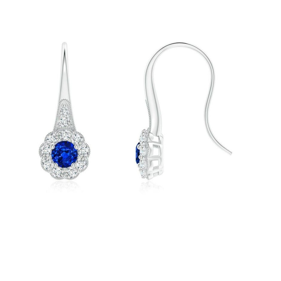 Earrings Angara Blue Sapphire | Sapphire And Diamond Halo Fish Hook Earrings With Milgrain