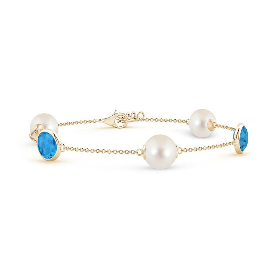 Bracelets Angara Freshwater Pearl | Freshwater Pearl & Oval Swiss Blue Topaz Bracelet