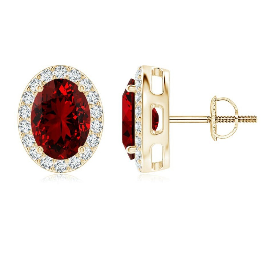 Earrings Angara Ruby | Lab-Grown Oval Ruby Studs With Lab Diamond Halo