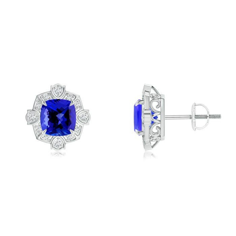 Earrings Angara Tanzanite | Victorian Style Cushion Tanzanite Halo Stud Earrings