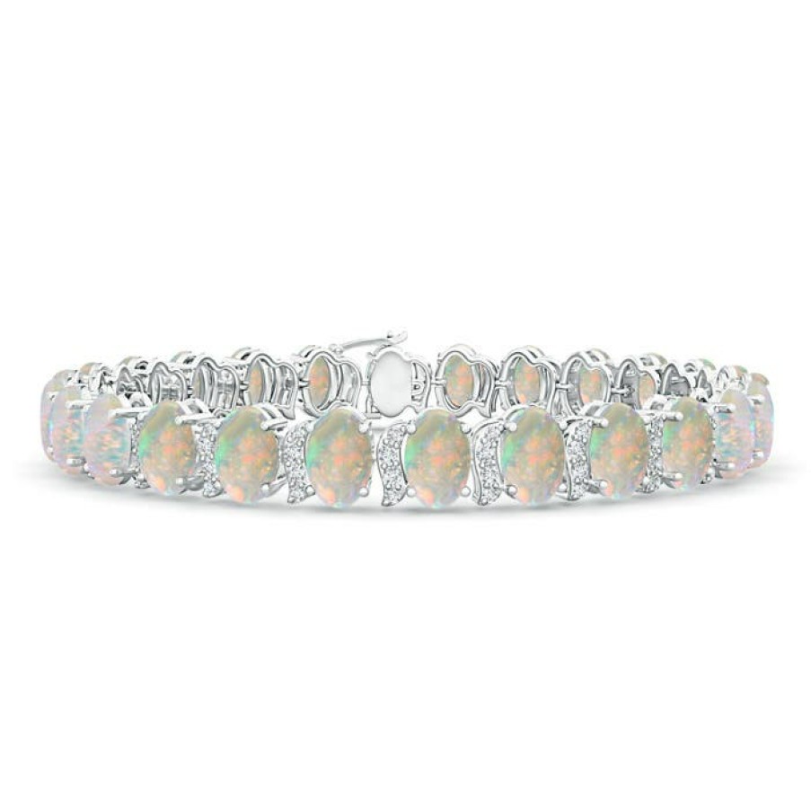 Bracelets Angara Opal | Oval Opal Stackable Bracelet With Swirl Diamond Links