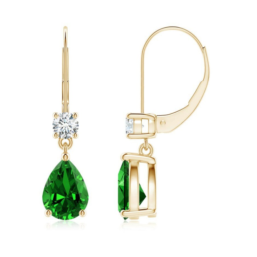 Earrings Angara Emerald | Lab-Grown Pear Emerald Leverback Drop Earrings With Lab Diamond