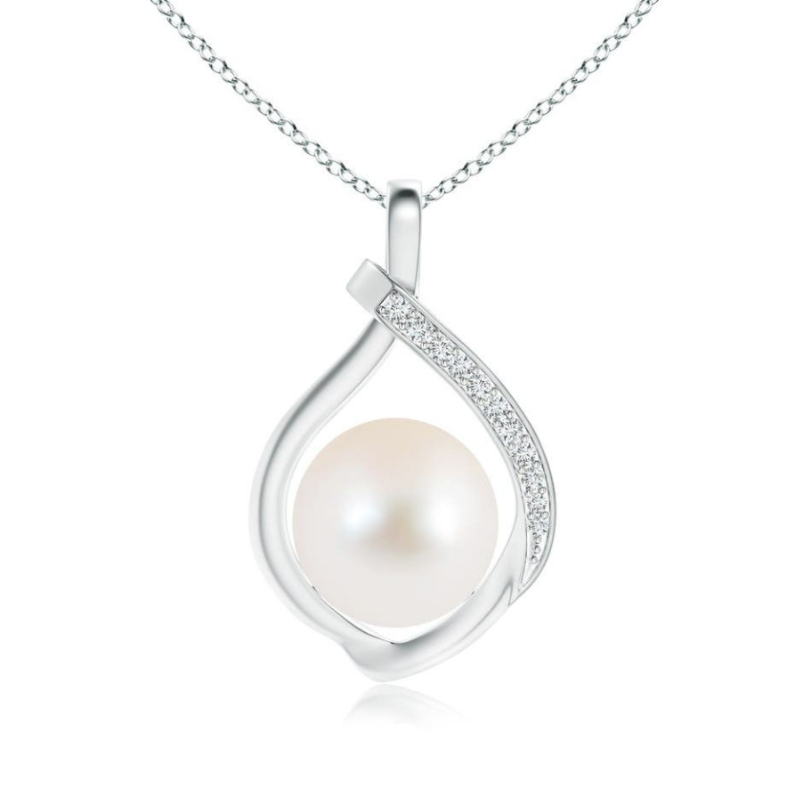 Necklaces Angara Freshwater Pearl | Freshwater Pearl Loop Pendant With Diamonds