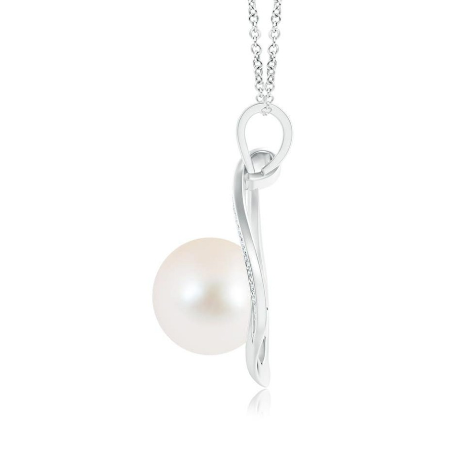 Necklaces Angara Freshwater Pearl | Freshwater Pearl Loop Pendant With Diamonds