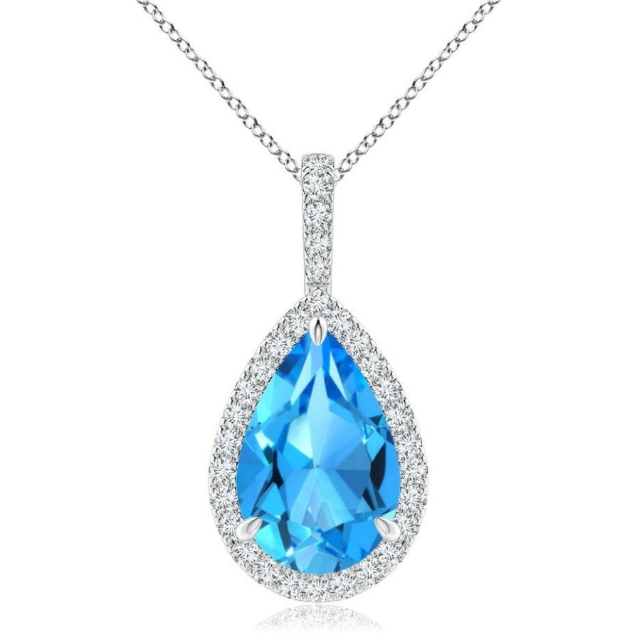 Necklaces Angara Swiss Blue Topaz | Swiss Blue Topaz Teardrop Pendant With Diamond Halo