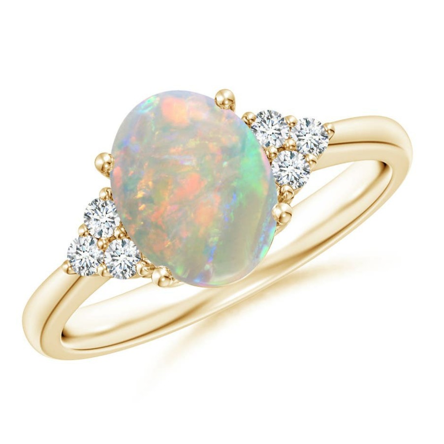 Rings Angara Opal | Tapered Shank Oval Opal Ring With Trio Diamond Accent