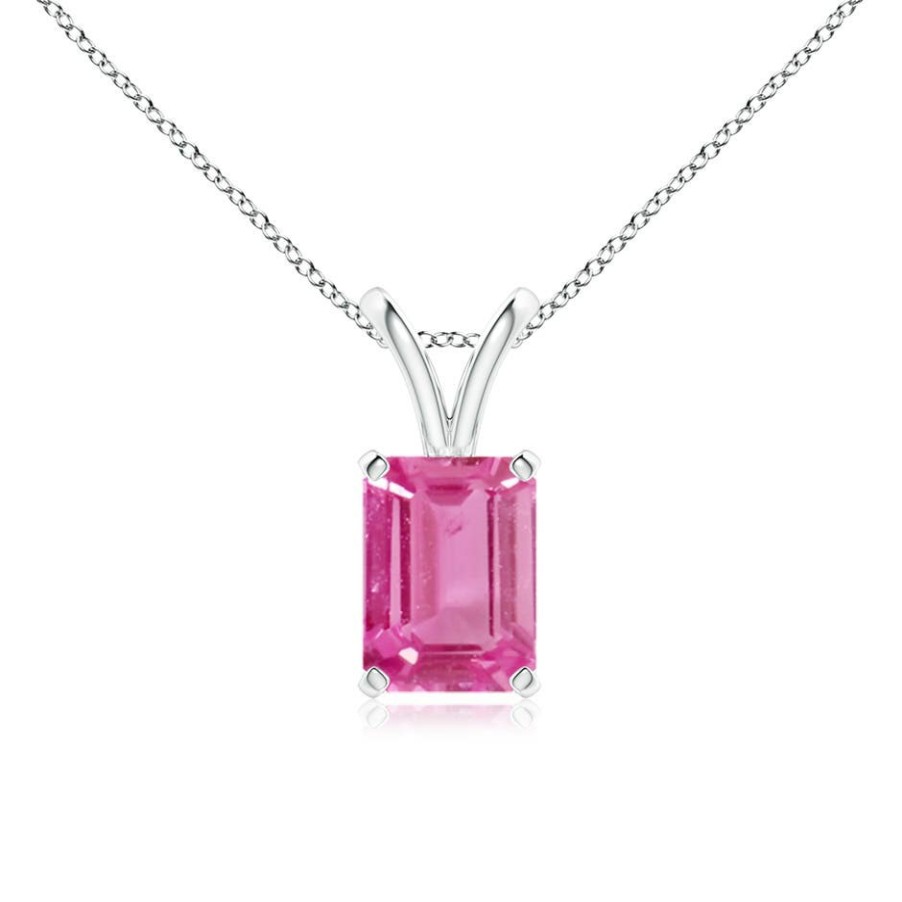 Necklaces Angara Pink Sapphire | Emerald-Cut Pink Sapphire Solitaire Pendant With V-Bale