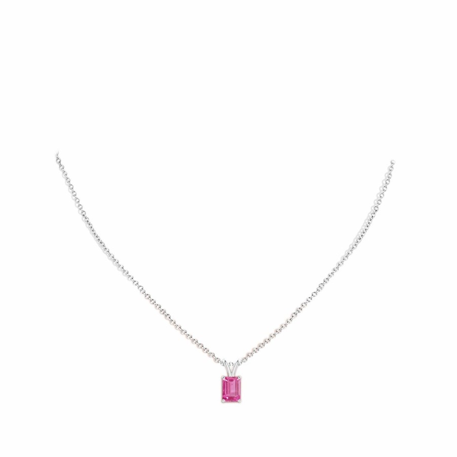 Necklaces Angara Pink Sapphire | Emerald-Cut Pink Sapphire Solitaire Pendant With V-Bale