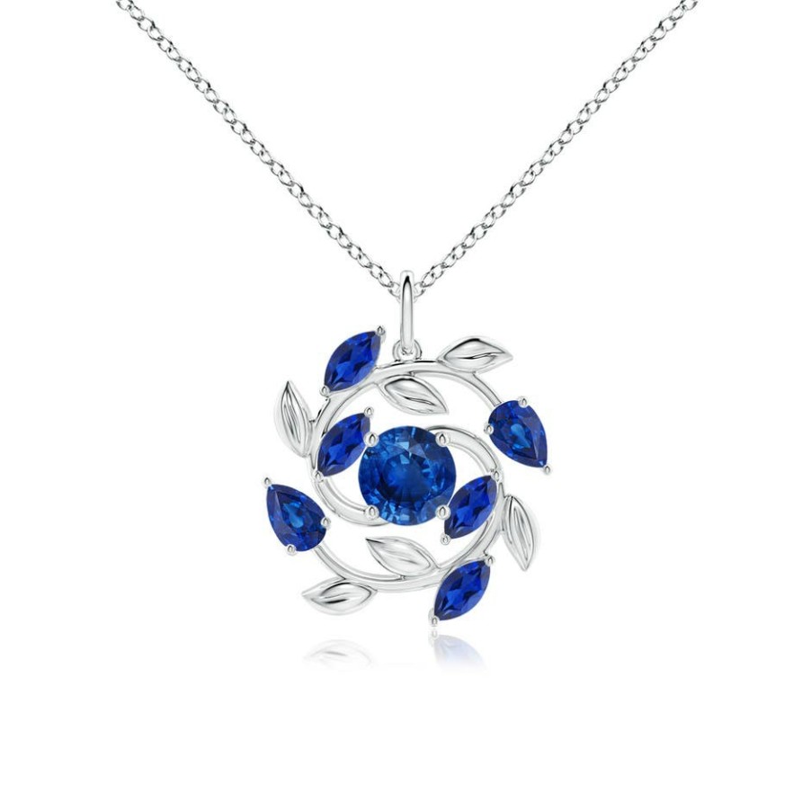 Necklaces Angara Blue Sapphire | Round And Marquise Sapphire Olive Branch Pendant