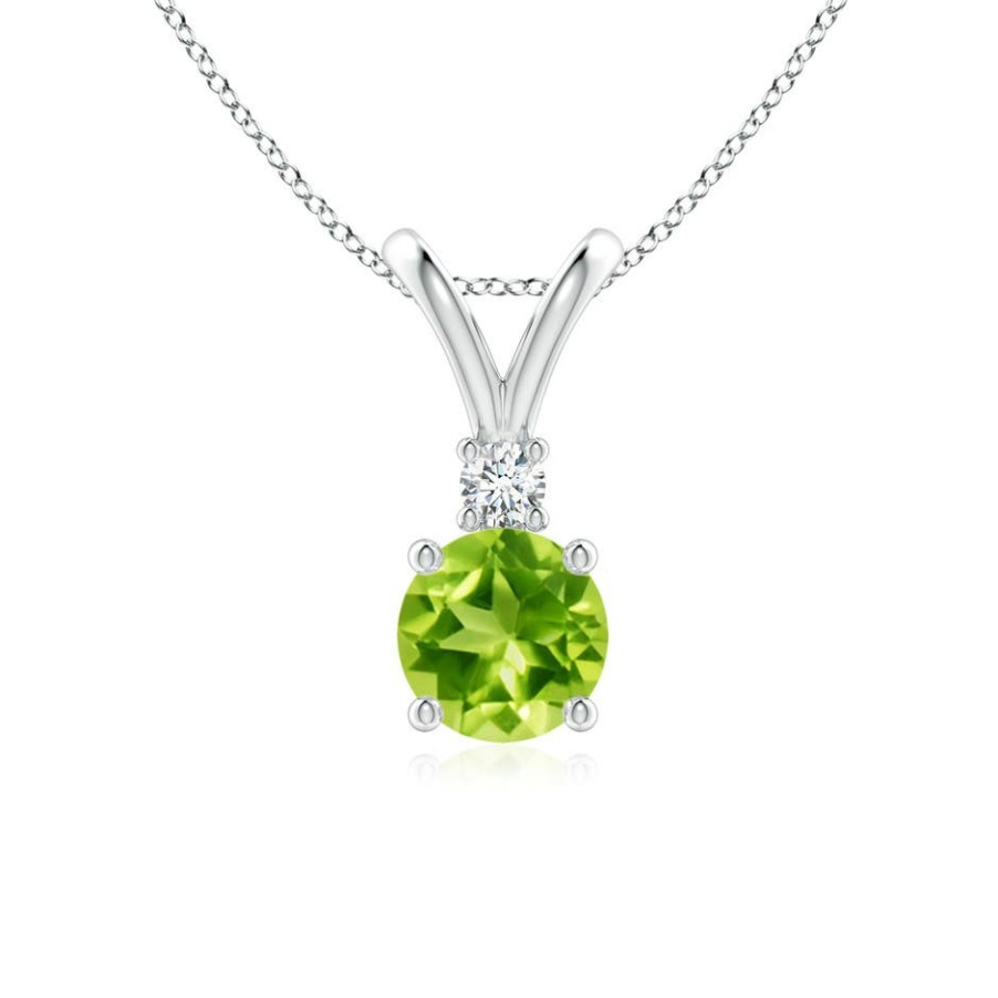 Necklaces Angara Peridot | Round Peridot Solitaire V-Bale Pendant With Diamond