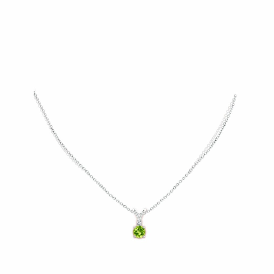 Necklaces Angara Peridot | Round Peridot Solitaire V-Bale Pendant With Diamond