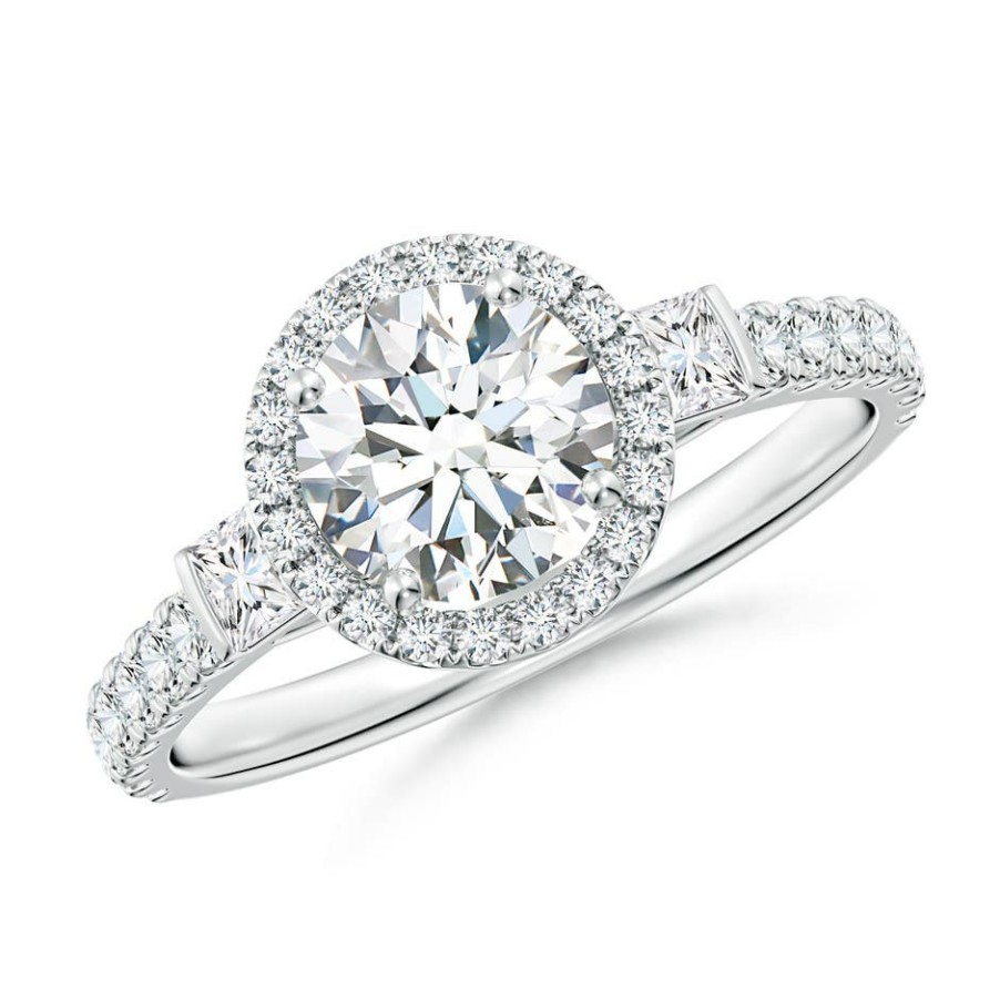 Rings Angara Diamond | Lab-Grown Round Diamond Side Stone Halo Engagement Ring