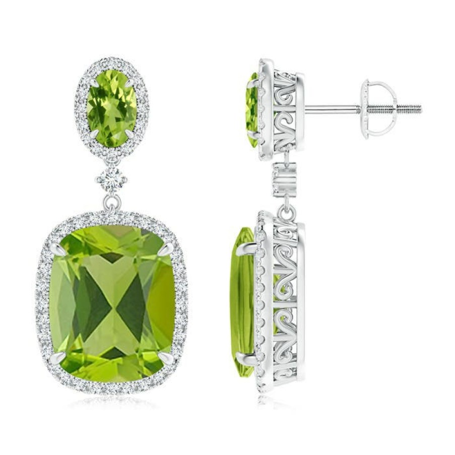 Earrings Angara Peridot | Two Tier Claw-Set Peridot Dangle Earrings With Diamond Halo