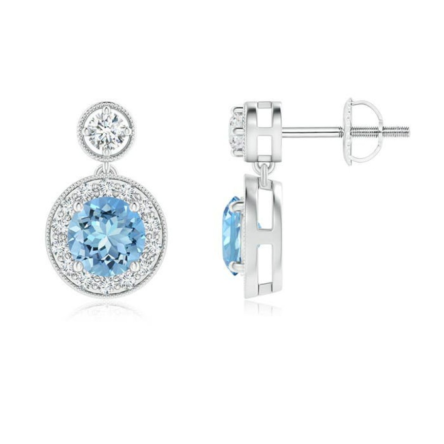 Earrings Angara Aquamarine | Dangling Aquamarine And Diamond Halo Earrings With Milgrain