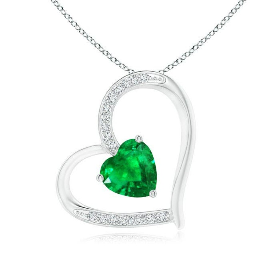 Necklaces Angara Emerald | Emerald And Diamond Tilted Heart Pendant