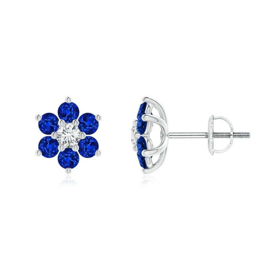 Earrings Angara Blue Sapphire | Six Petal Diamond And Sapphire Flower Stud Earrings