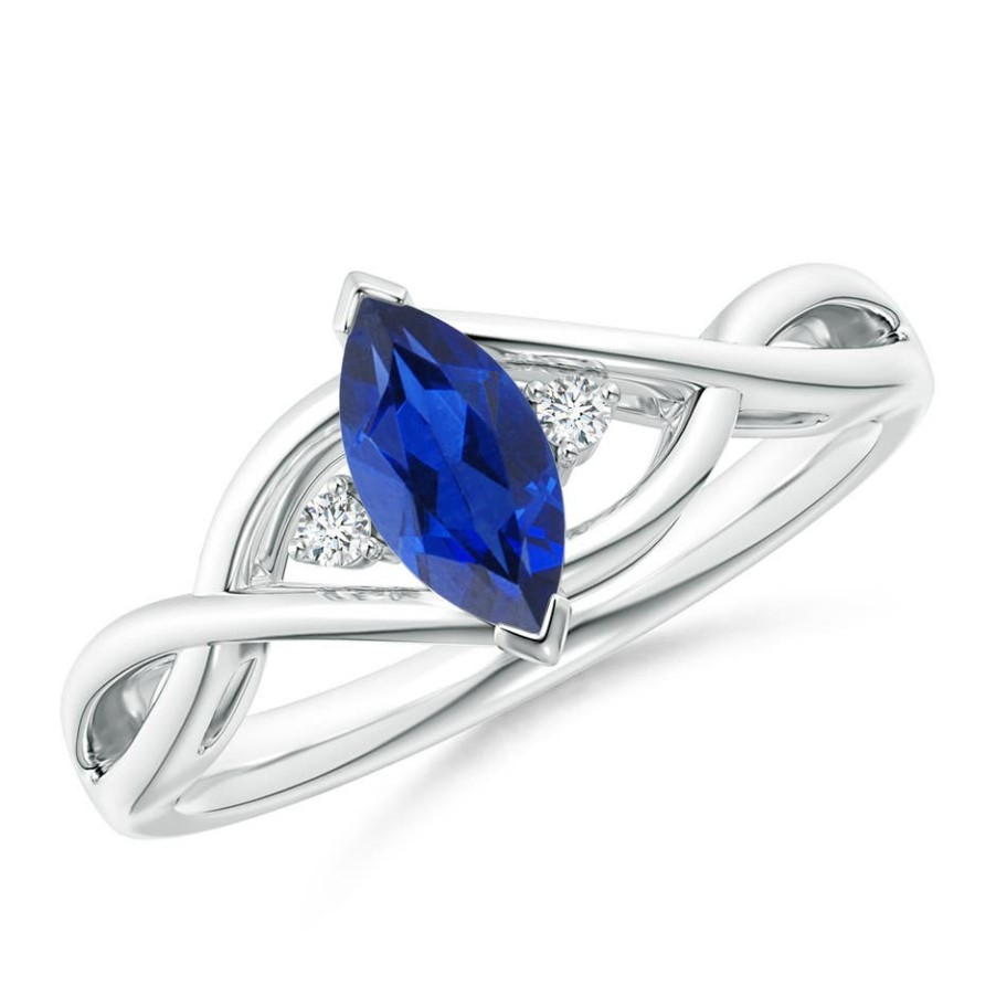 Rings Angara Blue Sapphire | Criss-Cross Marquise Sapphire Solitaire Ring With Diamonds