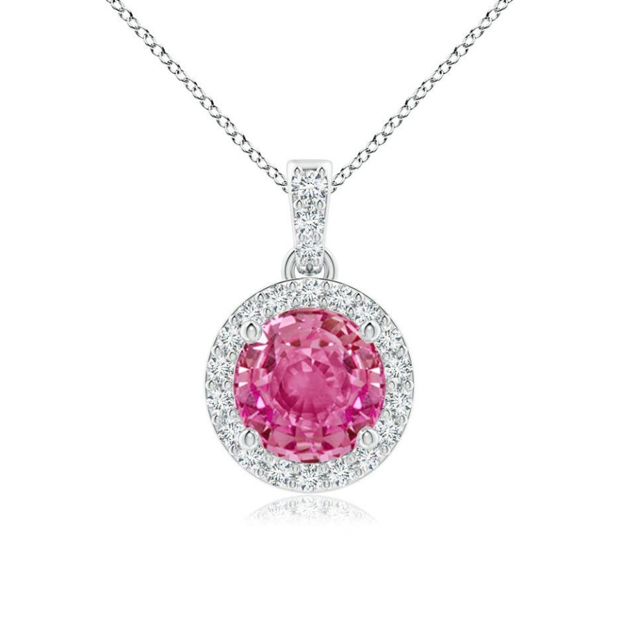 Necklaces Angara Pink Sapphire | Round Pink Sapphire Dangle Pendant With Diamond Halo