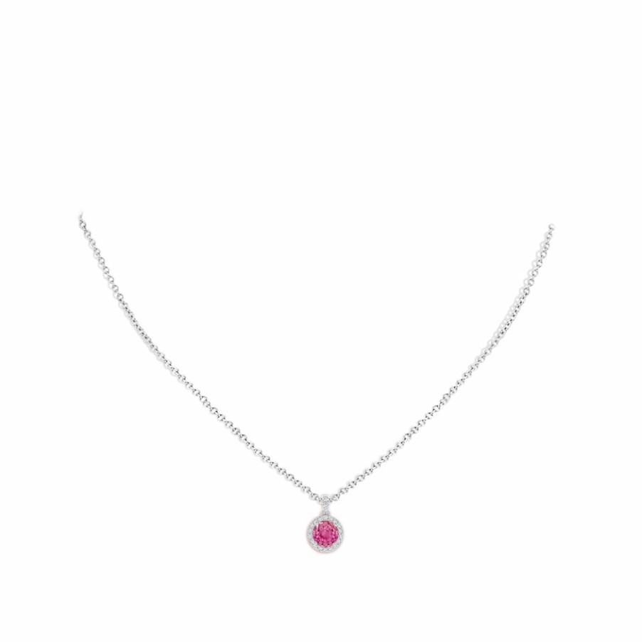 Necklaces Angara Pink Sapphire | Round Pink Sapphire Dangle Pendant With Diamond Halo