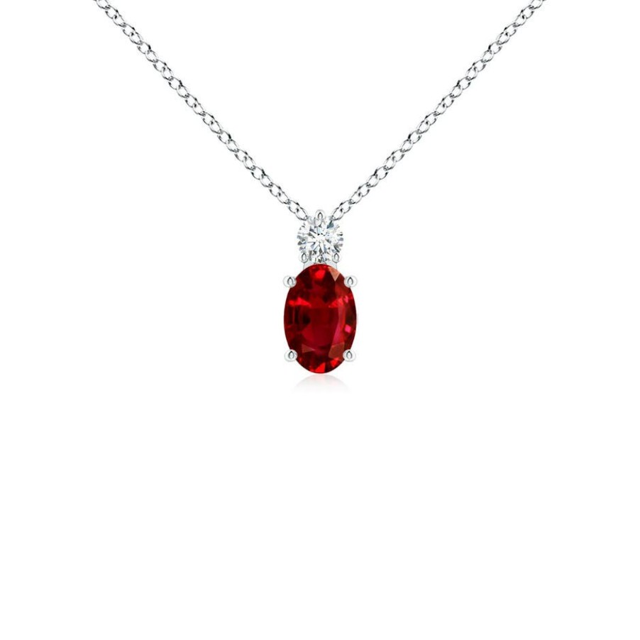 Necklaces Angara Ruby | Oval Ruby Solitaire Pendant With Diamond