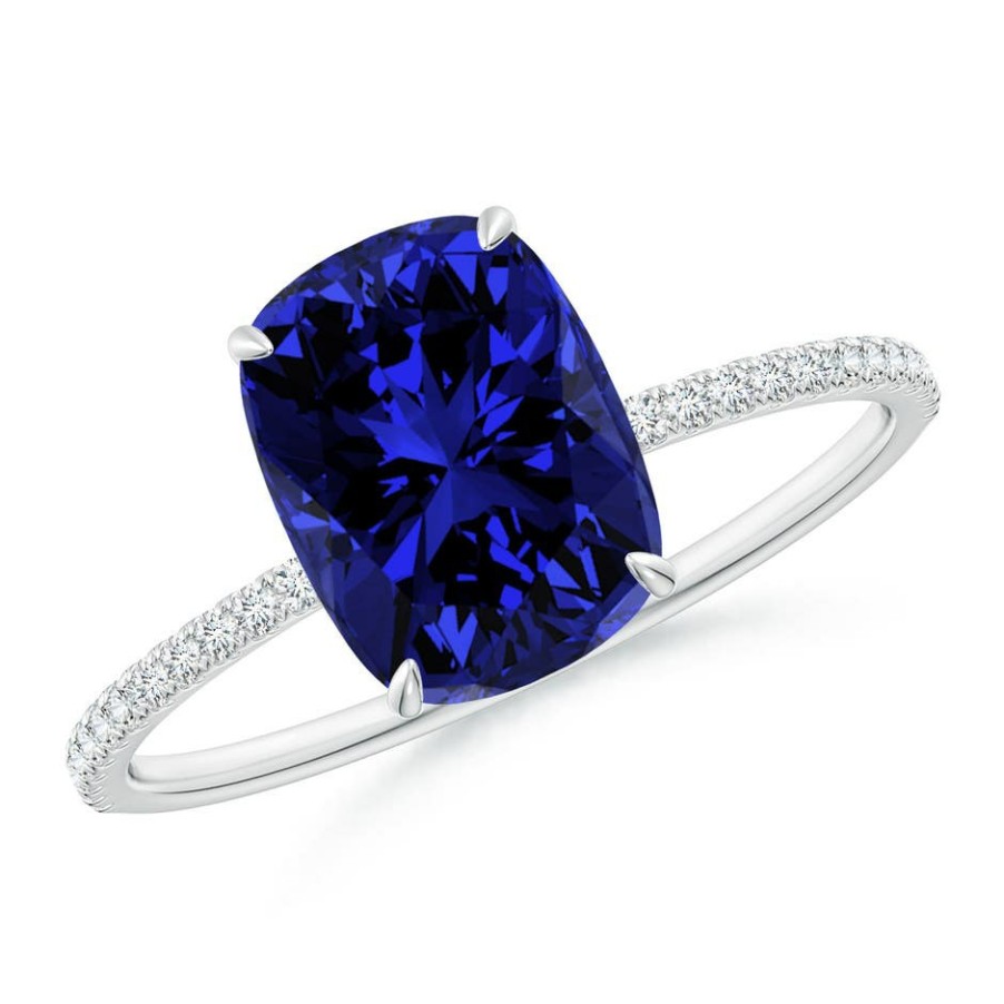 Rings Angara Blue Sapphire | Lab-Grown Thin Shank Cushion Sapphire Ring With Lab Diamond Accents