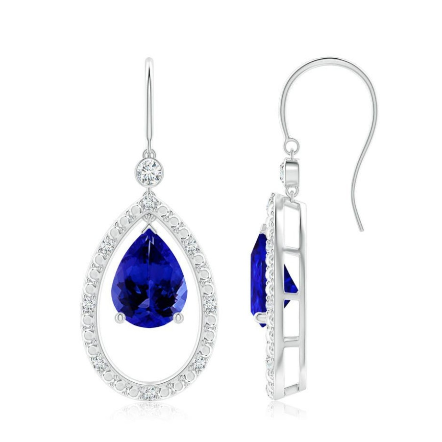 Earrings Angara Tanzanite | Pear Tanzanite Fish Hook Dangle Earrings With Diamond