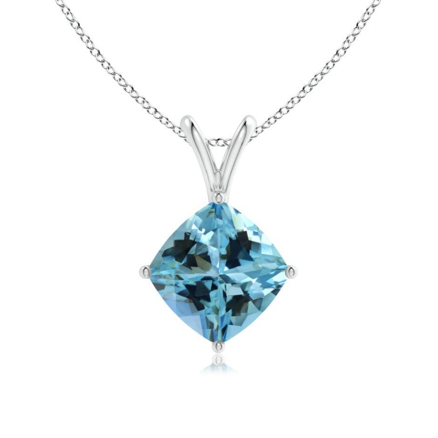 Necklaces Angara Aquamarine | Sideways Gia Certified Cushion Aquamarine Solitaire Pendant