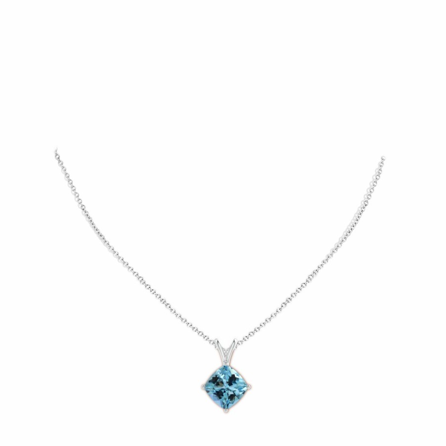 Necklaces Angara Aquamarine | Sideways Gia Certified Cushion Aquamarine Solitaire Pendant