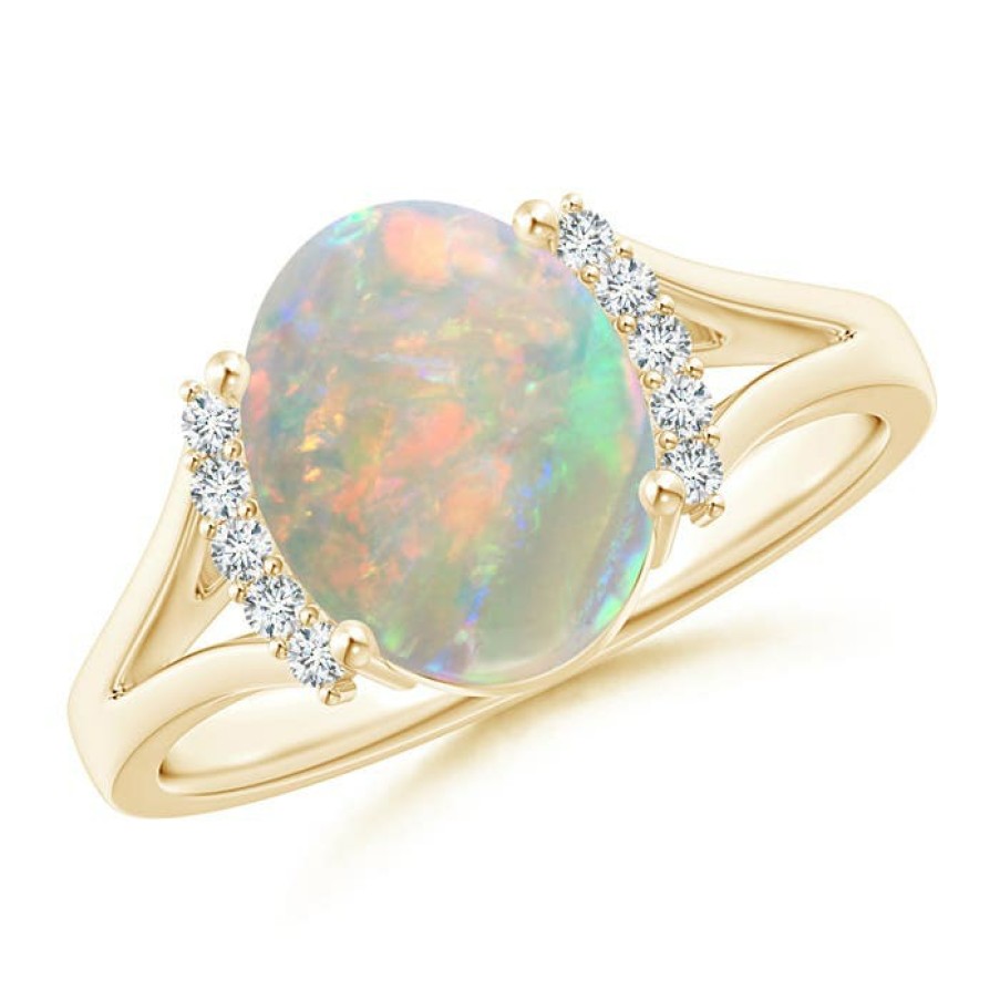 Rings Angara Opal | Oval Opal Split Shank Ring With Diamond Collar