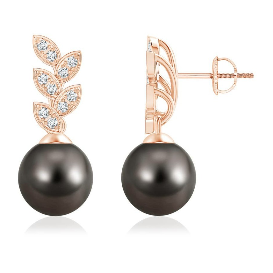 Earrings Angara Tahitian Pearl | Tahitian Pearl & Diamond Leaf Earrings