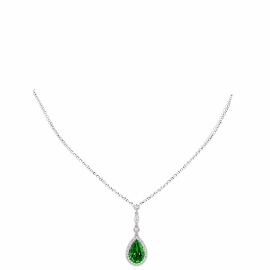 Necklaces Angara Emerald | Lab-Grown Emerald Teardrop Pendant With Diamond Accents