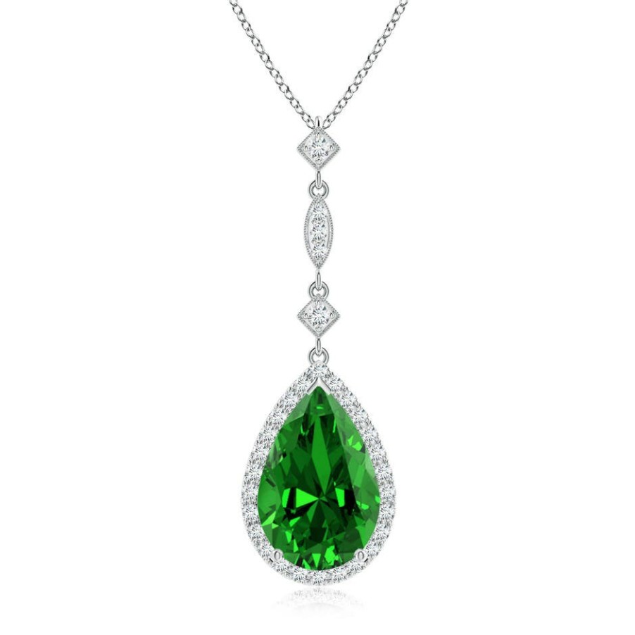 Necklaces Angara Emerald | Lab-Grown Emerald Teardrop Pendant With Diamond Accents