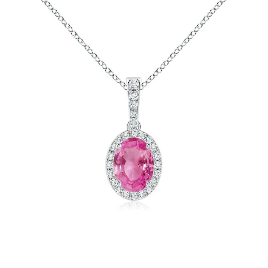 Necklaces Angara Pink Sapphire | Vintage Style Oval Pink Sapphire Halo Pendant